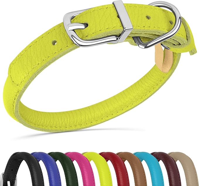 OOPSDOGGY Rolled Leather Dog Collar Soft Roll Collars for Small Medium Large Dogs Puppy (Lime Green, XXS, 7"-9")