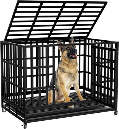SHUSHIM 48 Inch Heavy Duty Dog Crate Kennel with Wheels, High Anxiety Indestructible Dog Crates for Large Dogs, XL XXL Extra Large Dog Crate with Removable Plastic Tray, Two Locks (Black, Square)