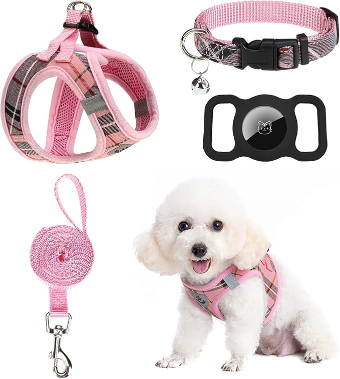 EXPAWLORER Classic Plaid Puppy Harness - Small Dog Harness and Leash Set - Dog Collar and Leash Set with AirTag Holder, Soft Padded Step in Dog Vest Harness No Pull Reflective for Outdoor, Pink M