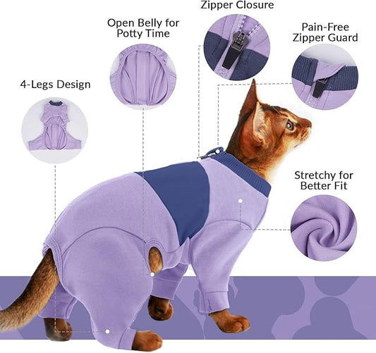 QBLEEV Cat Clothes, Soft Cat Sweaters for Cats Only, Kitten Surgery Recovery Suit Onesie Pajamas, Four Legs Cats Shirts Apparel Clothing for Hair Loss Prevention, Purple, M