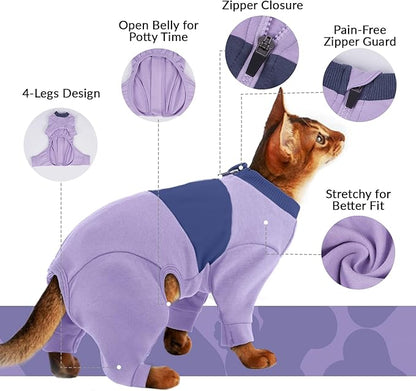 QBLEEV Cat Clothes, Soft Cat Sweaters for Cats Only, Kitten Surgery Recovery Suit Onesie Pajamas, Four Legs Cats Shirts Apparel Clothing for Hair Loss Prevention, Purple, XXL