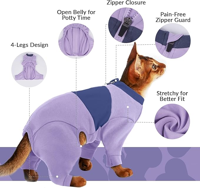 QBLEEV Cat Clothes, Soft Cat Sweaters for Cats Only, Kitten Surgery Recovery Suit Onesie Pajamas, Four Legs Cats Shirts Apparel Clothing for Hair Loss Prevention, Purple, XS