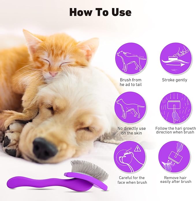 Dog Slicker Brush & Stainless Steel Comb Set for Shedding & Grooming Medium & Large Long or Thick Coated Dogs, Doodles & Cats, 1 Inch Pin Slicker Brush with Ergonomic Wooden Handle, Purple