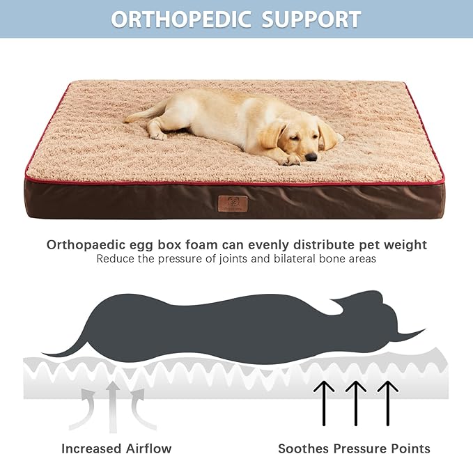 WNPETHOME Orthopedic Large Dog Bed, Large Waterproof Dog Bed with Removable Washable Cover & Anti-Slip Bottom,Egg Crate Foam Pet Bed Mat,Soft Rose Plush Pet Crate Mat