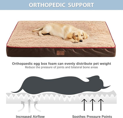 WNPETHOME Orthopedic Large Dog Bed, Large Waterproof Dog Bed with Removable Washable Cover & Anti-Slip Bottom,Egg Crate Foam Pet Bed Mat,Soft Rose Plush Pet Crate Mat