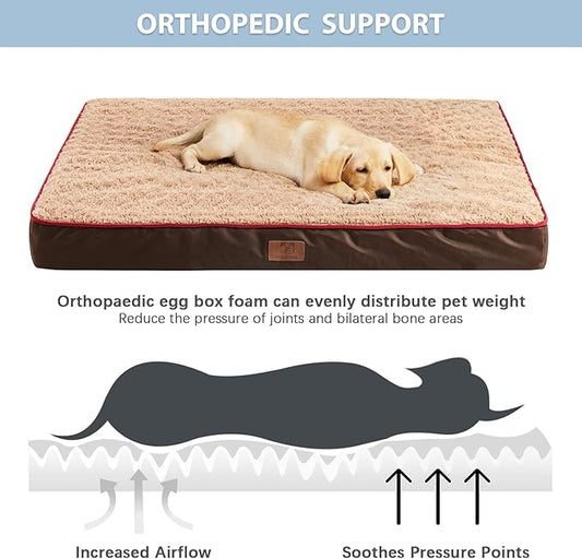 WNPETHOME Orthopedic Large Dog Bed, Large Waterproof Dog Bed with Removable Washable Cover & Anti-Slip Bottom,Egg Crate Foam Pet Bed Mat,Soft Rose Plush Pet Crate Mat