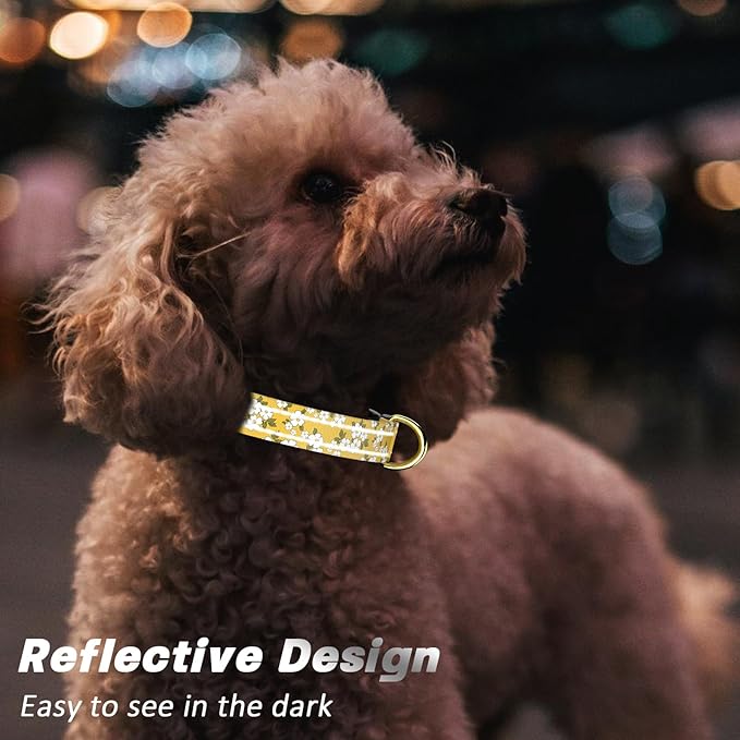 Reflective Dog Collar for Extra Small Dogs, Cute Flower Theme Adjustable Heavy-Duty Nylon Puppy Collar for Boy and Girl Female, Soft Pet Accessories with Quick Release Buckle, Yellow