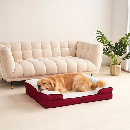 EHEYCIGA Orthopedic Dog Beds for Large Dogs, Waterproof Memory Foam Large Dog Bed with Sides, Non-Slip Bottom and Egg-Crate Foam Pet Couch Bed with Washable Removable Cover,Red