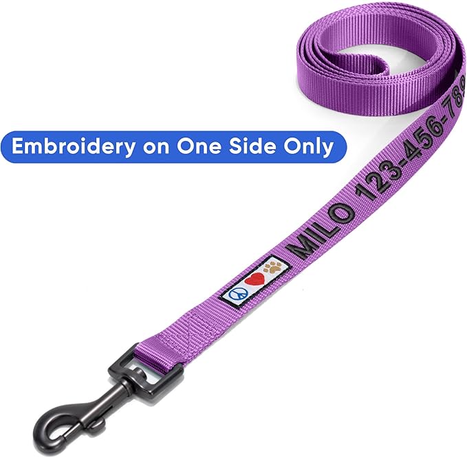 Pawtitas Personalized 6 ft Purple Dog Leash M/L Custom Name and Phone Embroidery Strong Nylon Leash for Medium and Large Breeds