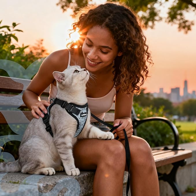 rabbitgoo Cat Harness and Leash for Walking, Escape Proof Soft Adjustable Vest Harnesses for Cats, Easy Control Breathable Reflective Strips Jacket, Doodle Gray,M