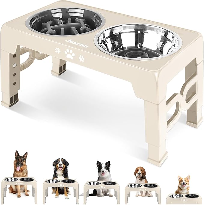 Elevated Dog Bowls, Dog Feeder with 1*Stainless Steel Dishes & 1*Slow Feeder Bowl, 5 Heights Adjustable Raised Stand for Medium Large, Food Dishes with Non-Slip Feet