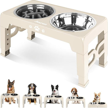 Elevated Dog Bowls, Dog Feeder with 1*Stainless Steel Dishes & 1*Slow Feeder Bowl, 5 Heights Adjustable Raised Stand for Medium Large, Food Dishes with Non-Slip Feet