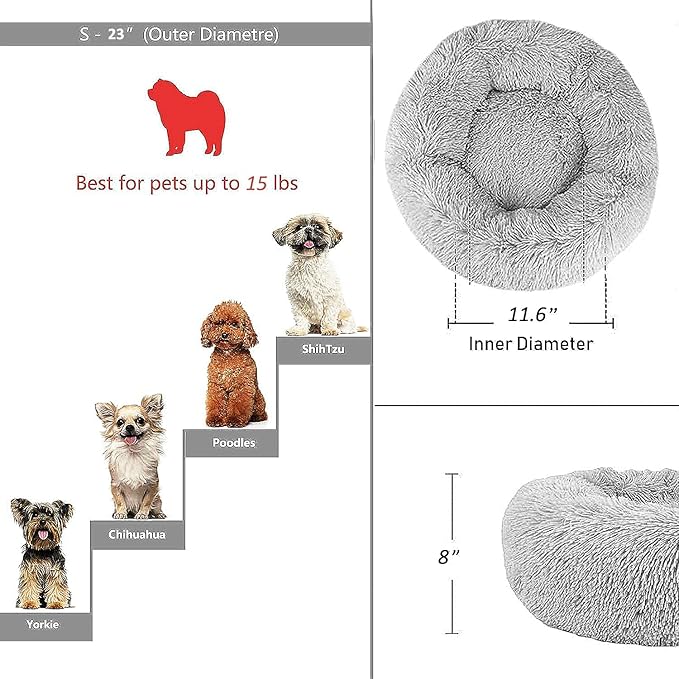 Calming Donut Dogs Beds for Small Dogs Washable,23inch Plush Round Pet Bed for Cozy Sleep,Fluffy Faux Fur Large Cat Bed,Fits up to 25 lbs Pets,Frost Grey