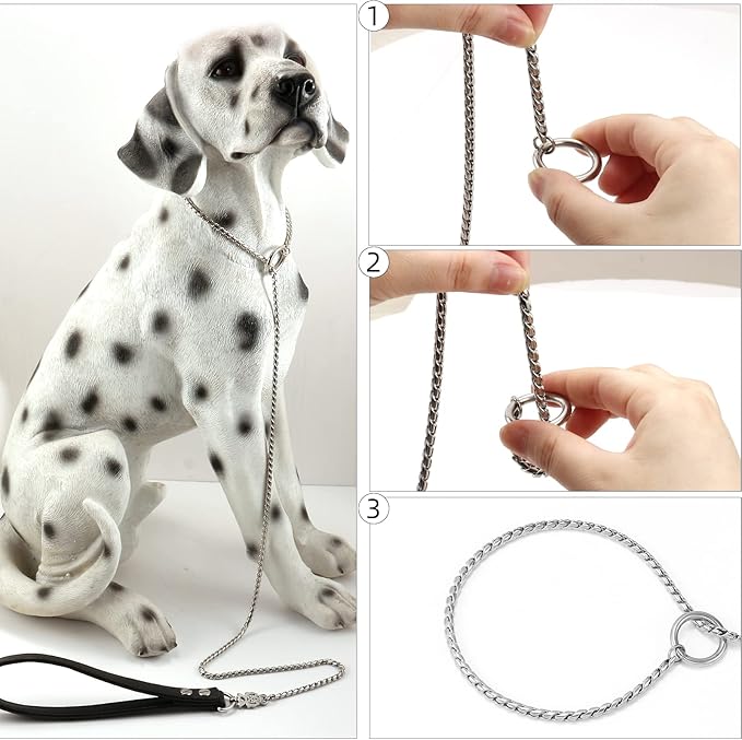 CaptainSteeL Stainless Steel Dog Leash and Collar, 3ft/4ft, 5mm 1m/1.2m Metal, Leather Handle