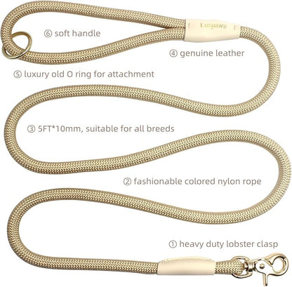 Lobster Snap Pet Leash 5FT, Special Strong Nylon Rope Dog Leash, Solid Color Rope Dog Lead for All Breeds (Gold, 5ft *10mm)