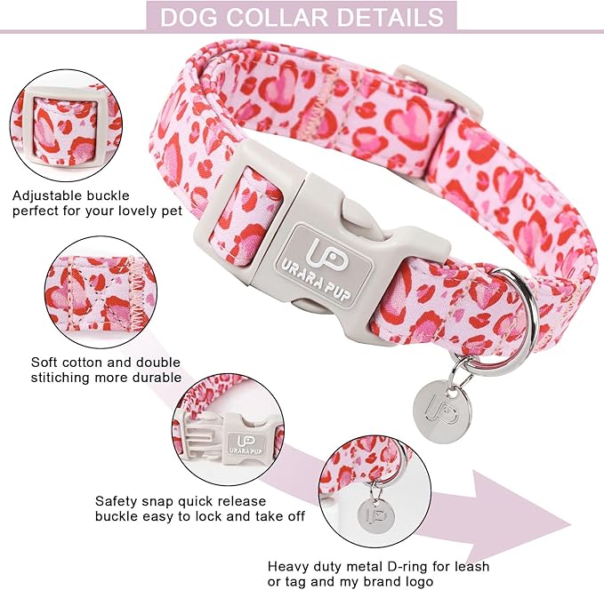 UP URARA PUP Valentine’s Day Dog Collar, Pink Heart Dog Collar with Quick Release, Valentine’s Day Gift Pet Collar for Puppy Girl Boy Dogs, Wedding Dog Collar