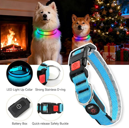 LED Dog Collar, Light Up Dog Collar USB Rechargeable, Nylon Adjustable Comfortable Soft Bright RGB 7 Colors Changeing Safety Light Glowing Collar for Medium and Large Dogs(Medium,Blue)