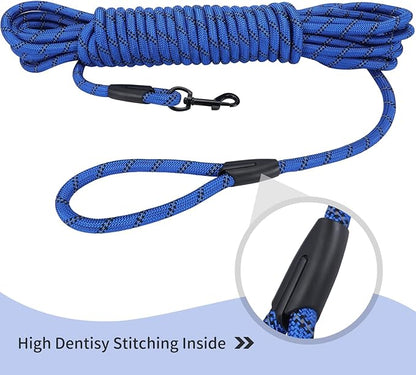Long Dog Leash for Training 30Ft-Reflective Nylon Rope with Swivel Hook-Recall Agility Lead for Large Small Medium Dogs Outside Walking Hiking-Royal Blue Diam 1/2"