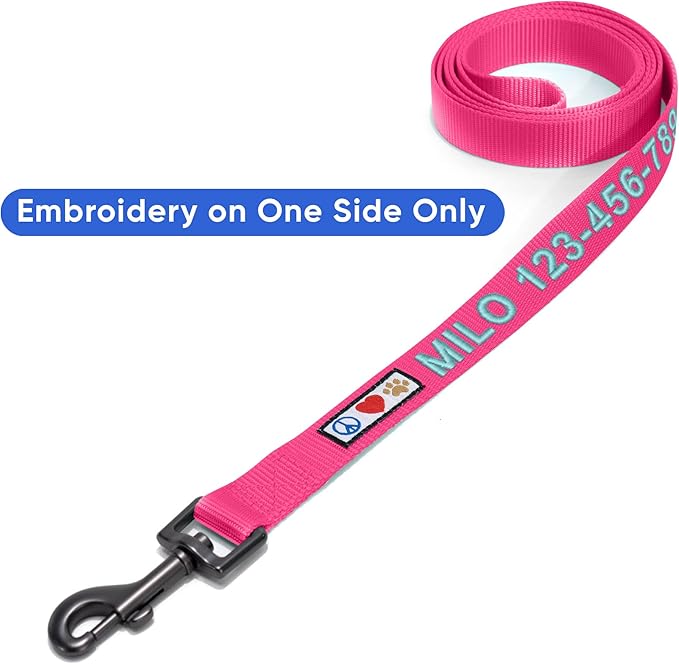 Pawtitas Personalized 6 ft Pink Dog Leash XS/S Custom Name and Phone Embroidery Strong Nylon Leash for Small Breeds