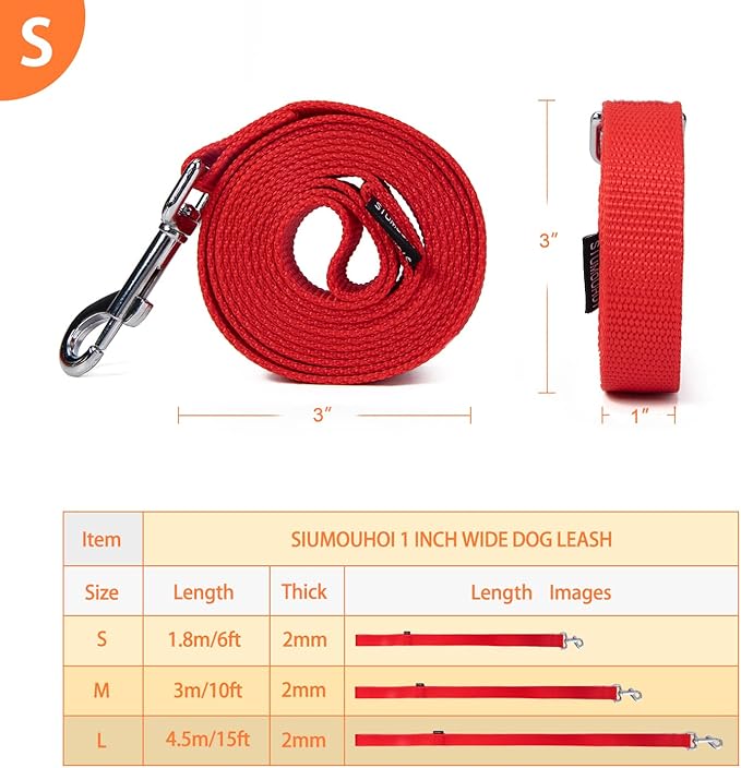 Siumouhoi Strong Durable Nylon Dog Training Leash, 1 Inch Wide Traction Rope, 6 ft 10ft 15ft Long, for Small and Medium Dog (Red, 6 Feet)
