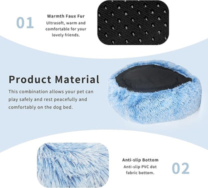 Calming Donut Dogs Beds for Small Dogs Washable,23inch Plush Round Pet Bed for Cozy Sleep,Fluffy Faux Fur Large Cat Bed,Fits up to 25 lbs Pets,Gradient Blue
