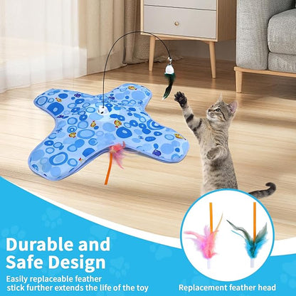 DFQ Interactive Cat Toy,3 in 1 Hide and Seek for Indoor Cats, Rechargeable Touch-Activated Moving Feather Wand with Concealed Motion, Play Toy for Kittens and Adult Cats (Blue)