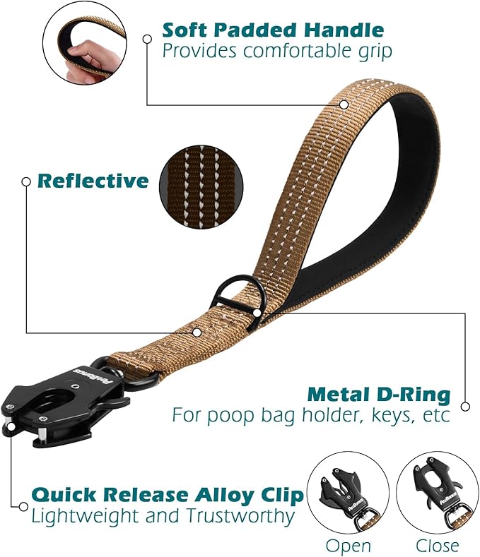 PetBonus Heavy Duty Short Dog Leash, 12 Inch Nylon Traffic Leash with Quick Release Clip, Comfortable Padded Handle, Reflective Training Lead for Medium Large Dogs (Brown, 12")