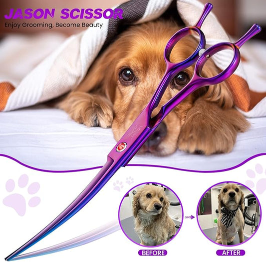 JASON Curved Shears for Dogs - 7.5" Pet Grooming Scissors with Ergonomic Handle Japanese Stainless Steel Trimming Scissor for Dogs, Cats and Other Pets, Sharp (Up-Curved, Purple) Christmas Gift