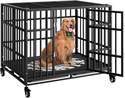 HMHTCT 42 Inch Heavy Duty Dog Crate with Wheels,Indestructible Escape-Proof Dog Kennel with Locking Latch and Double Door,Extra Large XL XXL Crate Indoor for Large and Medium Dog with Removable Tray