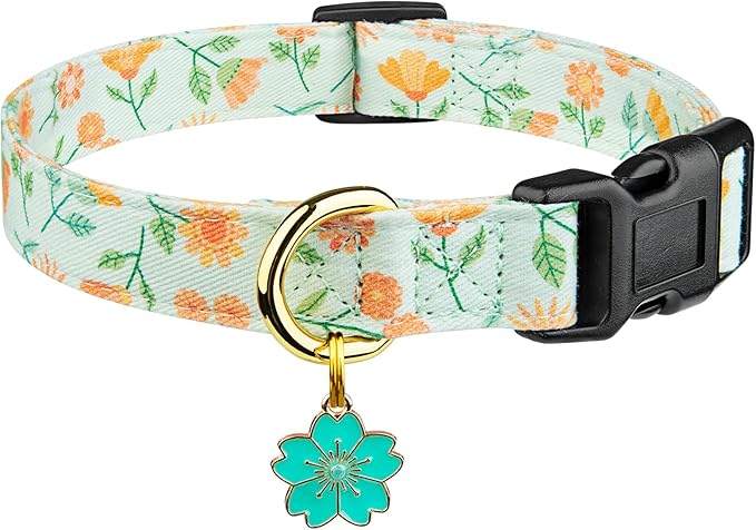 Cotton Handmade Dog Collar Cute and Distinctive Patterns Green Sunflower with Pendant for Girl Boy Dogs Collars M