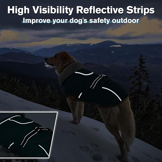 Lelepet Warm Dog Coats for Extra Large Dogs Waterproof Dog Winter Jacket Reflective Pet Fleece Vest Windproof Cold Weather Coats with Adjustable Buckle & Leash Hole, Dark Green, XXXL