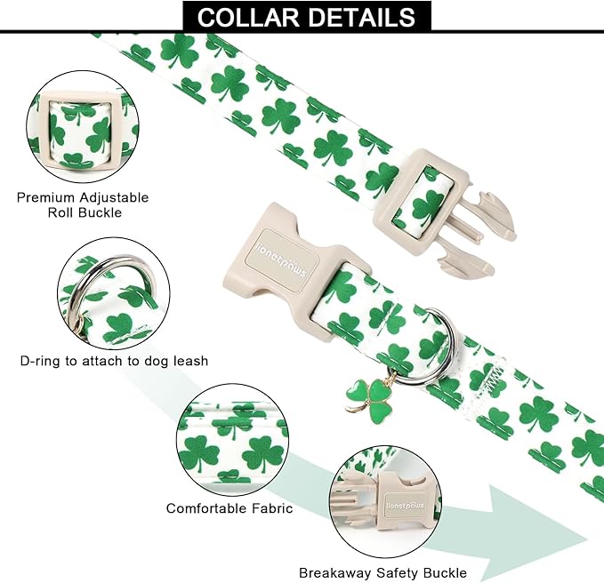 Lionet Paws St. Patrick Dog Collar- Cute Clover White Dog Collars with Plastic Buckle, Light Adjustable Dog Collars with Clover Pendant for Medium Large Dogs