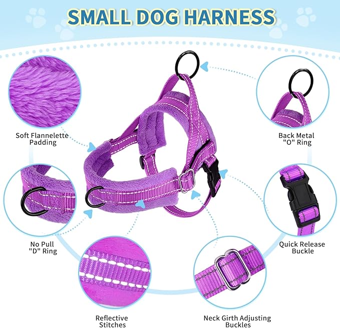 Lukovee No Pull Dog Harness and Leash Set, Soft Padded Small Dog Harness, Neck & Chest Adjustable Reflective Vest Puppy Harness with 4ft Lightweight Anti-Twist Dog Leash for Small Dogs (XS, Purple)