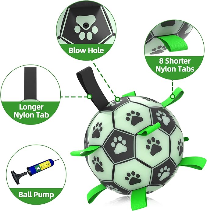 QDAN Glow in The Dark Dog Toys Soccer Ball with Straps - Light Up Dog Balls for Large Dogs, Interactive Dog Toys with Strap for Tug of War,Puppy Birthday Gifts (8 Inch)