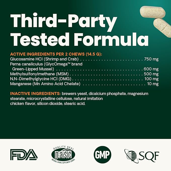 VetriScience Healthy Hip & Joint Chewable Tablets, GlycoFlex Glucosamine and Green-Lipped Mussel Joint Support Supplement for Dogs, Promote Mobility and Protect Joints, Chicken, 120 Count