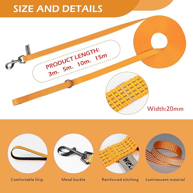 Wolfone Long Line Dog Leash with Padded Handle Orange 3m Training Leashes Reflective Leads for Dogs Outside