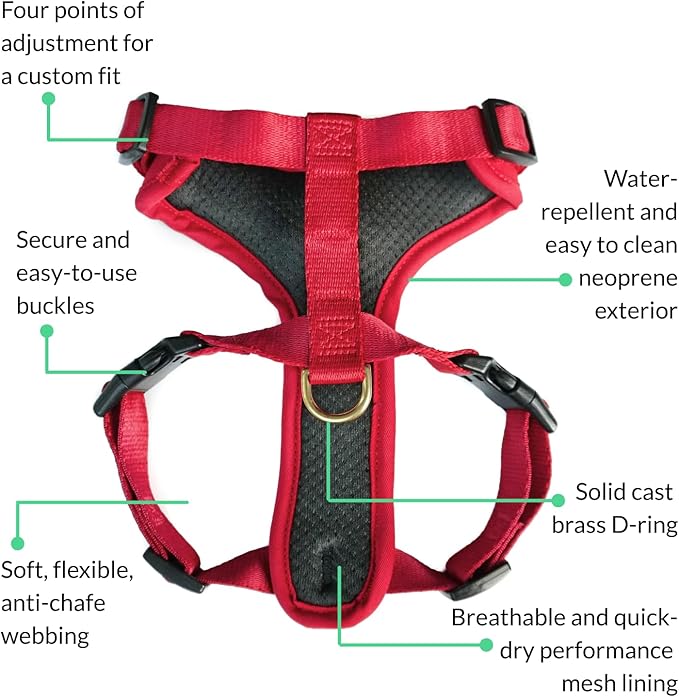 DJANGO Adventure Dog Harness - Stylish and Durable Large Dog Harness for Outdoor Adventures and Everyday Wear - Red Neoprene Adjustable Harness for Dogs with Reflective Piping, Solid Brass D-Ring