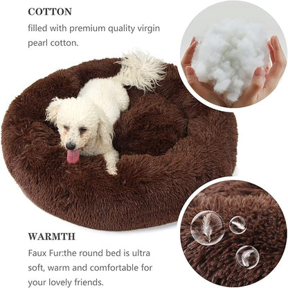 Calming Dog Bed for Medium Dogs Washable Donut 30 inches Anti-Slip Pet Bed,Round Fluffy Plush Faux Fur Cat Bed,Fits up to 45 lbs Pets,Chocolate Brown