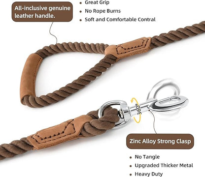 Mile High Life Dog Leash, Braided Cotton Rope Leashes with Leather Handle - Heavy Duty Metal Clasp, 6FT, 1/2" Thick - Wedding, Walking & Training Leash for Small Medium Large Dogs (Dark Brown)