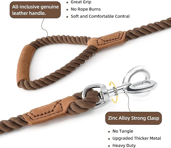 Mile High Life Dog Leash, Braided Cotton Rope Leashes with Leather Handle - Heavy Duty Metal Clasp, 4FT, 1/2" Thick - Wedding, Walking & Training Leash for Small Medium Large Dogs (Dark Brown)