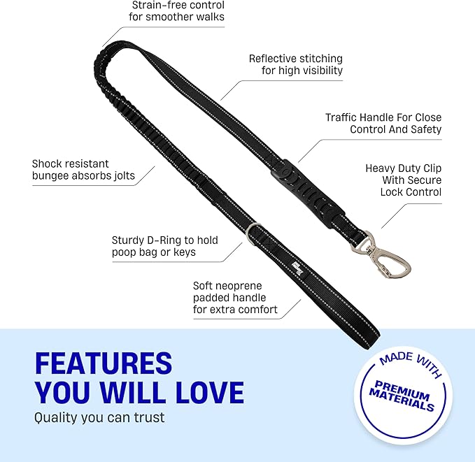 DF Co. Bungee Dog Leash | Strain Free & Shock Resistant for Control | Neoprene Padded Handle, Heavy-Duty Carabiner Clip, and D-Ring | Black, Size Small