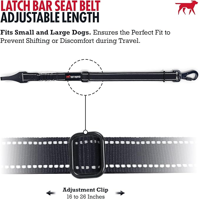 Tuff Pupper Dog Car Safety Belt | Adjustable 16–26" Latch Hook Seatbelt Restraint for Dogs | Heavy-Duty Nylon Webbing, All-Metal Hardware & 360° Swivel Carabiner | Universal Fit for Cars, Trucks & SUV