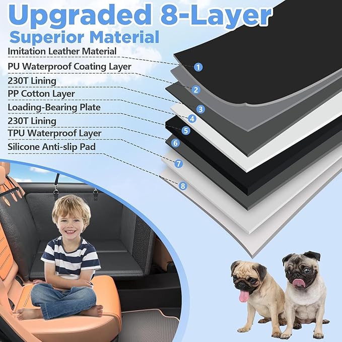 MYJAQI Back Seat Extender for Dogs, PU Leather Dog Car Seat Cover for Back Seat with Hard Bottom, 100% Waterproof, Scratch Proof and Anti Slip Dog Hammock for Car, Holds 400lbs