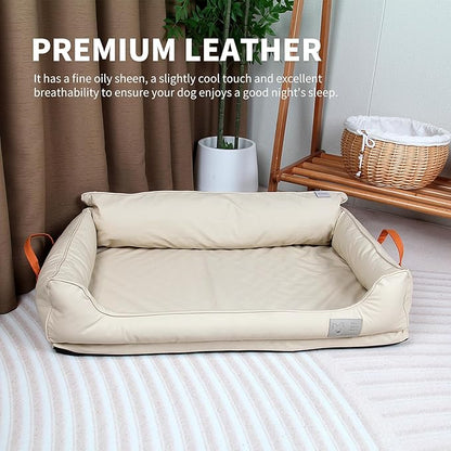 Removable Orthopedic Dog Beds for Large Dogs, Leather Memory Foam Dog Sofa Bed, Waterproof Durable Dogs Bed Couch with Non Skid Bottom for All Pet Sizes (Beige, Medium)
