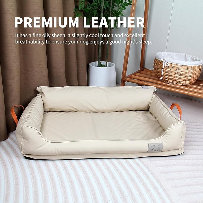 Removable Orthopedic Dog Beds for Large Dogs, Leather Memory Foam Dog Sofa Bed, Waterproof Durable Dogs Bed Couch with Non Skid Bottom for All Pet Sizes (Beige, X-Large)