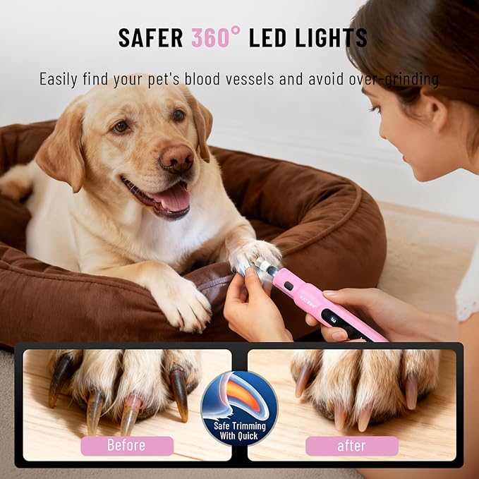 Katerk Pet Dog Nail Grinder - 5 Speed Quiet Electric Dog Nail Trimmer with 360°LED Light, 2500mAh Rechargeable, 32PCS Cordless Rotary Tool for Small Medium Large Dogs & DIY Sanding, Carving (Pink)