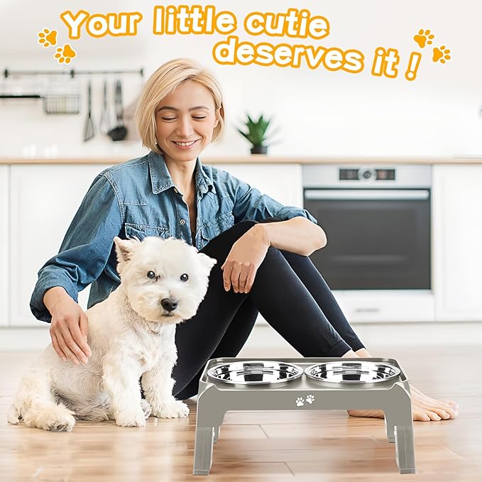 Elevated Dog Bowls for Small Dogs 3 Height Adjustable Raised Dog Bowl Stand with 25oz Stainless Steel Food Bowls Anti-Slip Small Dogs Feeder Adjusts to 7.5", 6", 2.75", Light Brownish Gray