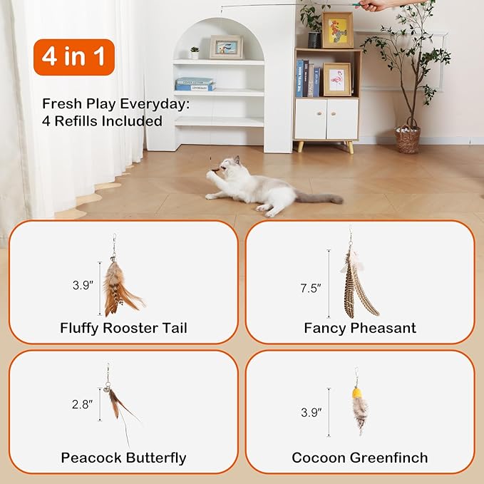 Catisfy Cat Wand Toy – Retractable Wand with 4 Feather Toy Refills for Indoor Cat Enrichment, Interactive Toy for Bored Adult Cats and High-Energy Kittens (FlutterFlick Series)