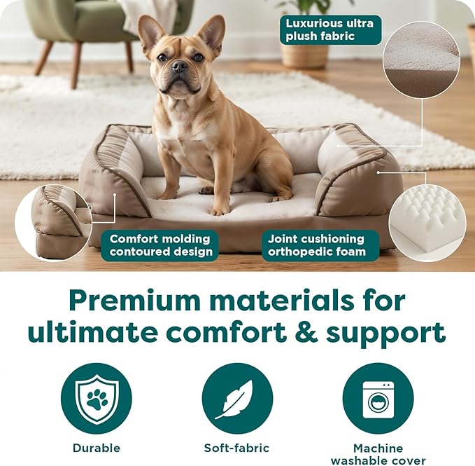 FurHaven Orthopedic Dog Bed for Medium Dogs, Perfect Comfort Sofa with Removable Bolsters with Orthopedic Egg Crate Foam for Joint Support, Washable Cover, Medium, Plush & Velvet Waves, Brownstone