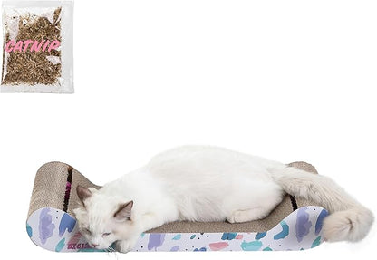 The LICKER Store CSR1003A-SET2 Rini 23.75" Modern Cardboard Lounge Bed Cat Scratcher with Built-in Bell Toys and Catnip, White/Multi (Set of 2)